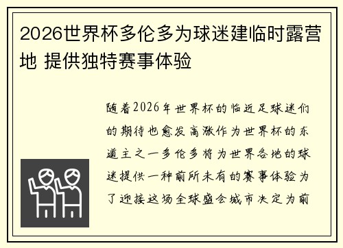 2026世界杯多伦多为球迷建临时露营地 提供独特赛事体验